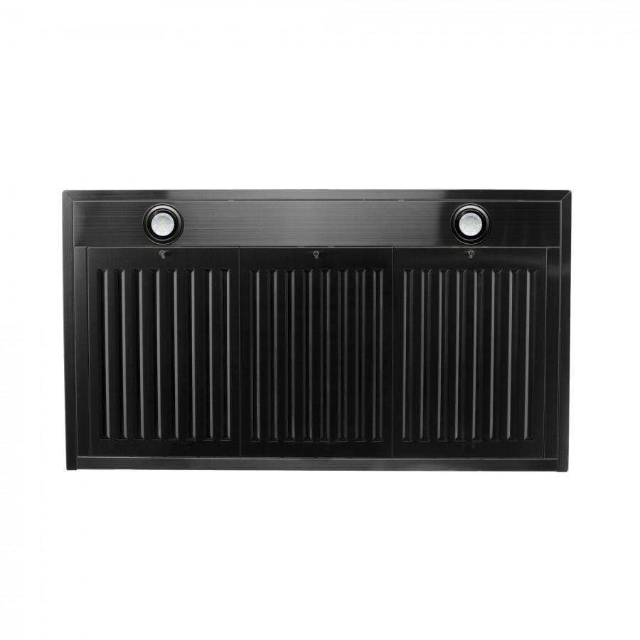 Black stainless steel range hood vent grille with two round light housings
