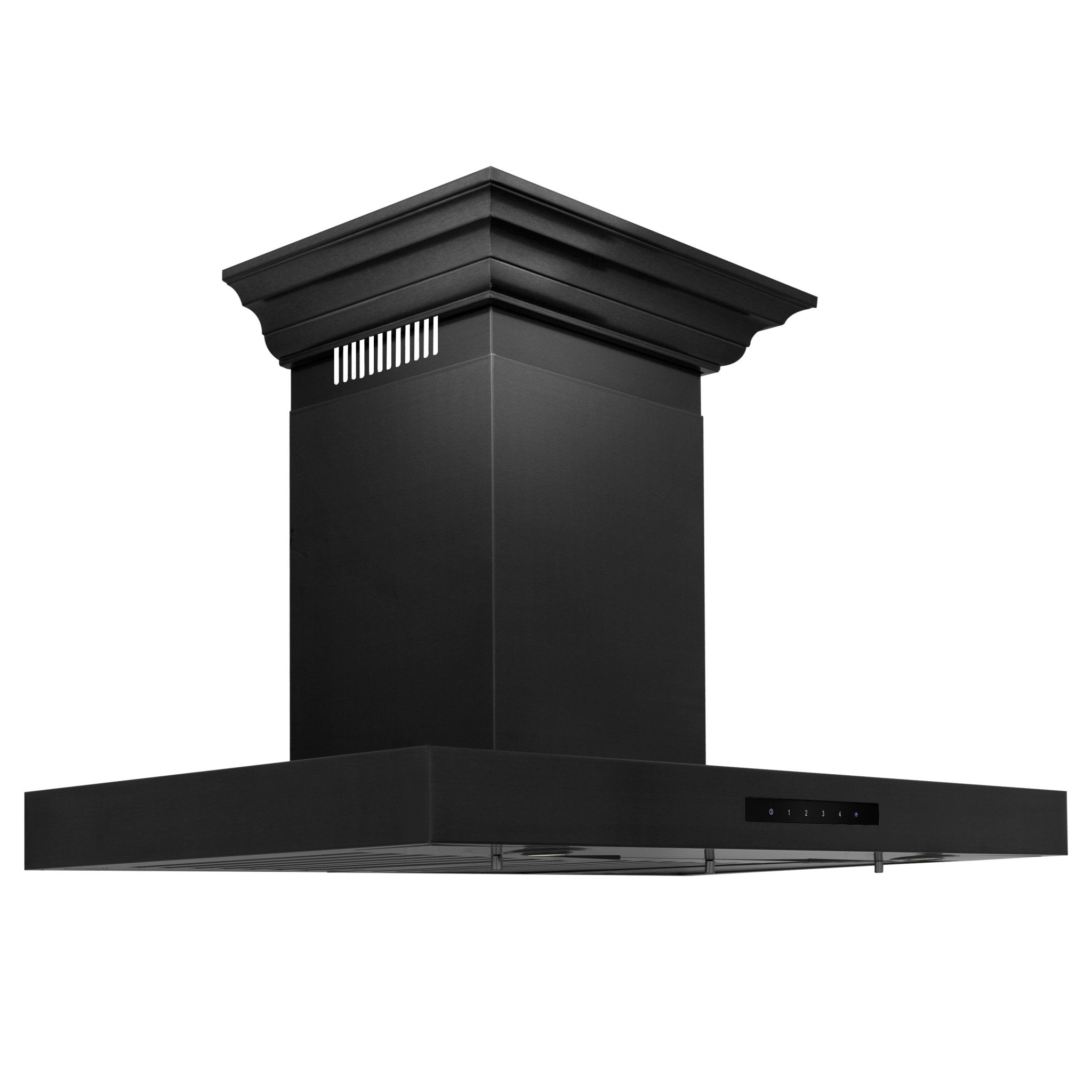 Convertible wall mount range hood with crown molding and slim chimney ducting