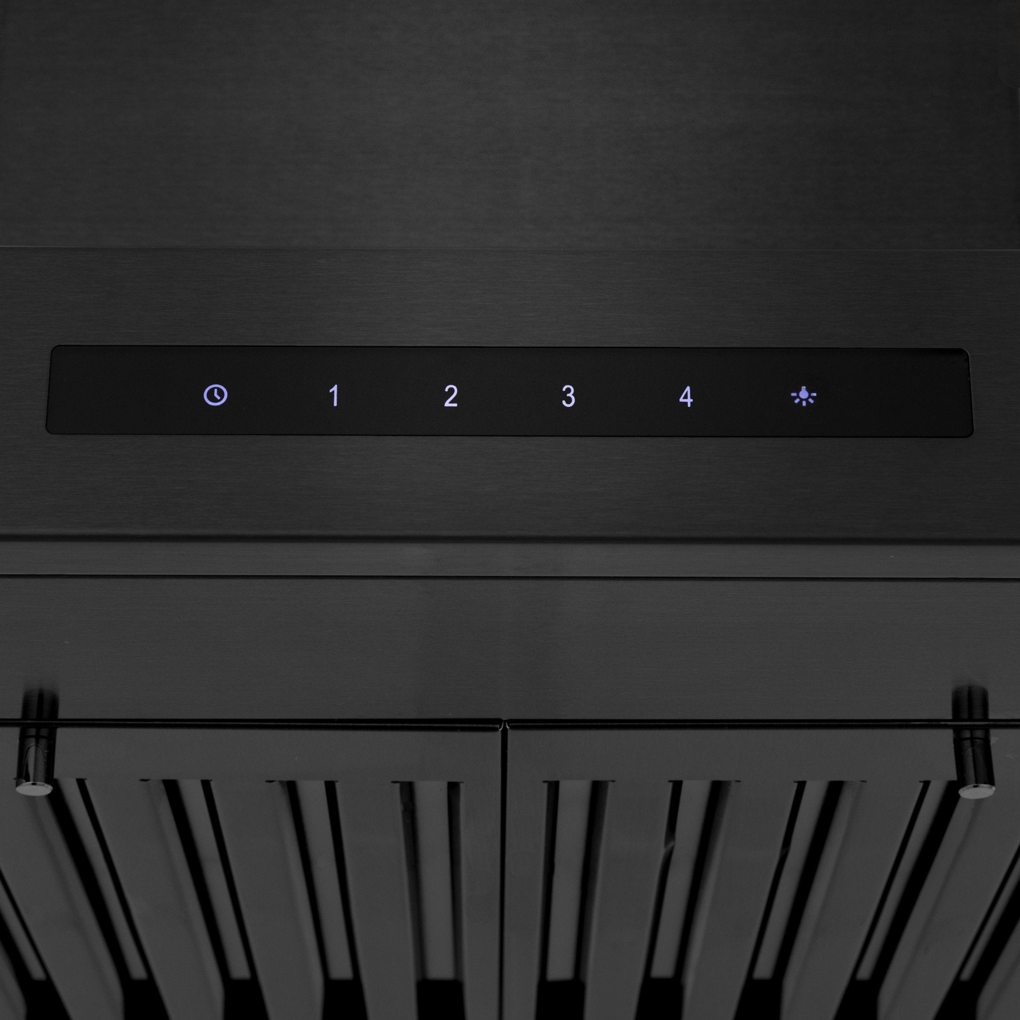 Black stainless steel range hood control panel with light and fan level indicators