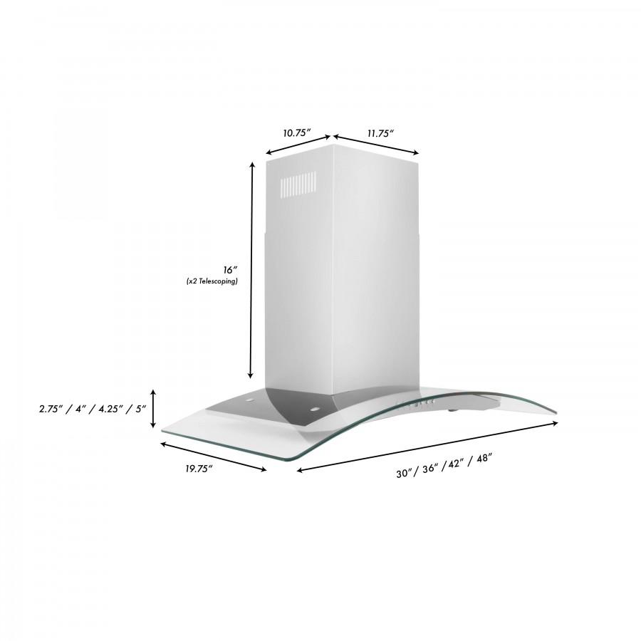 Wall mount range hood with glass canopy shown with measurement diagram.