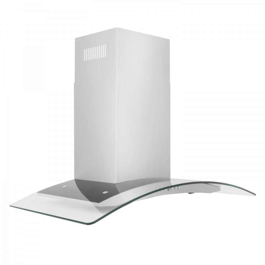 Convertible wall range hood with glass canopy and stainless chimney, angled view.