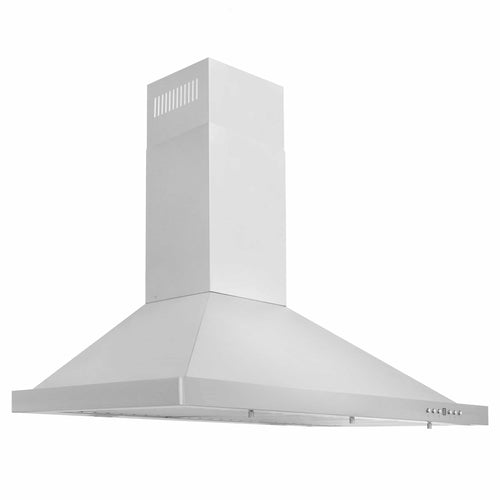 Stainless steel wall-mount range hood with tall chimney and wide canopy