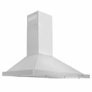 Stainless steel convertible range hood with tall chimney housing and curved canopy