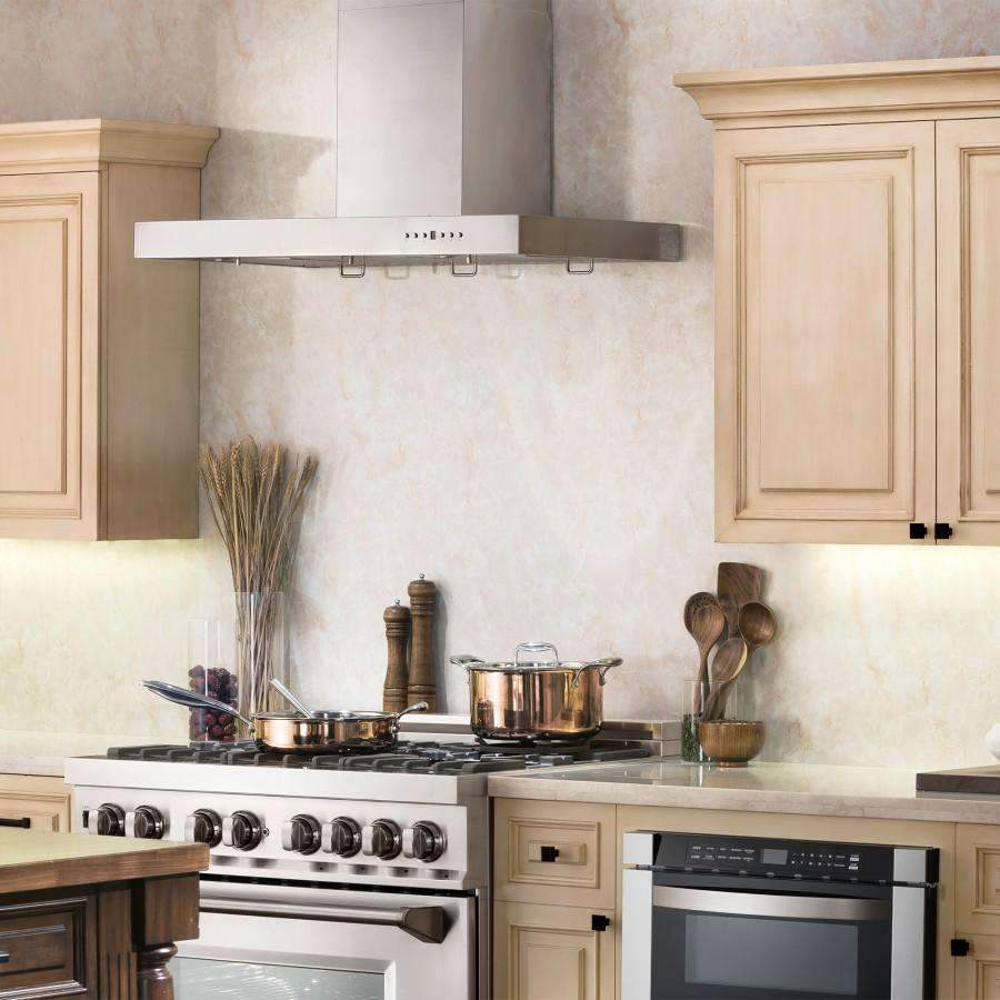 Stainless steel wall mount range hood with chimney stack and slatted filter panel