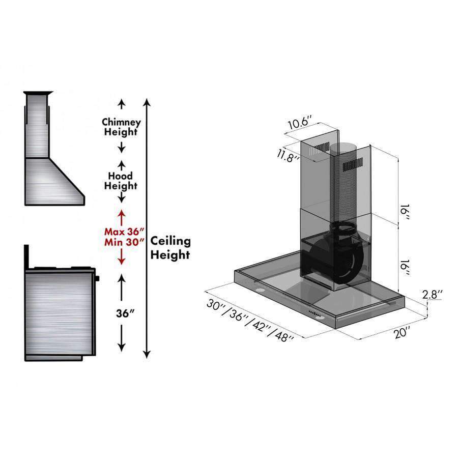 Wall mount stainless steel convertible range hood with chimney and vent dimensions
