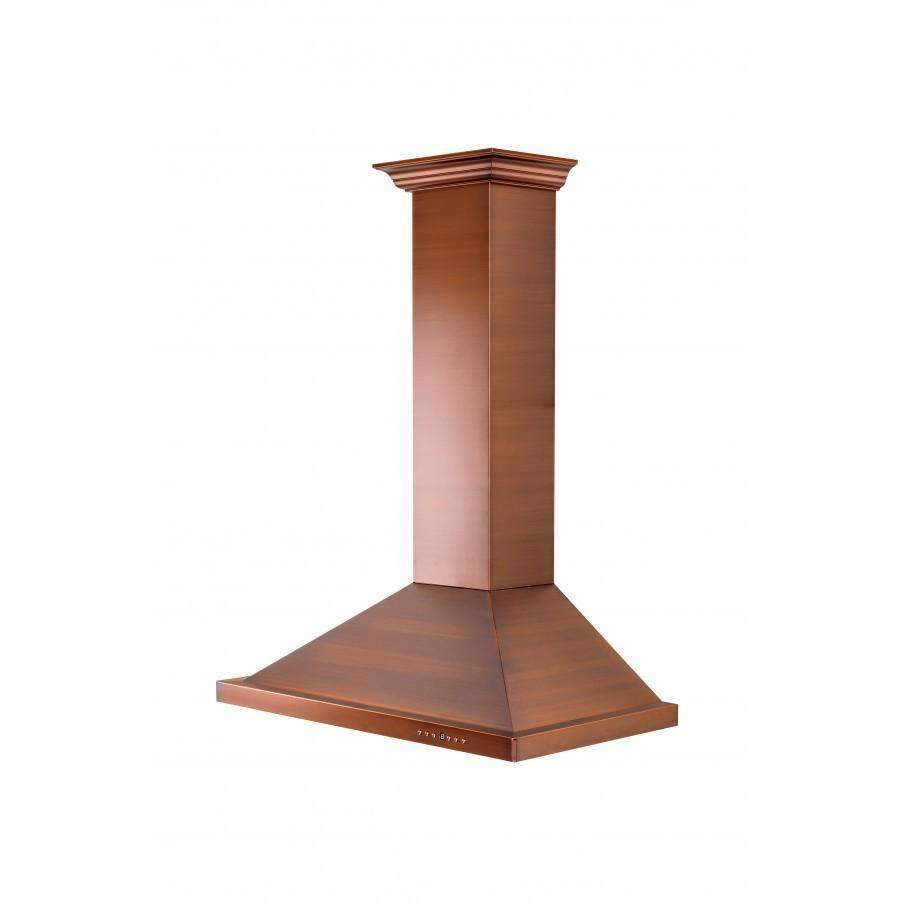 Copper chimney-style wall range hood with flared canopy and vented cooking surface