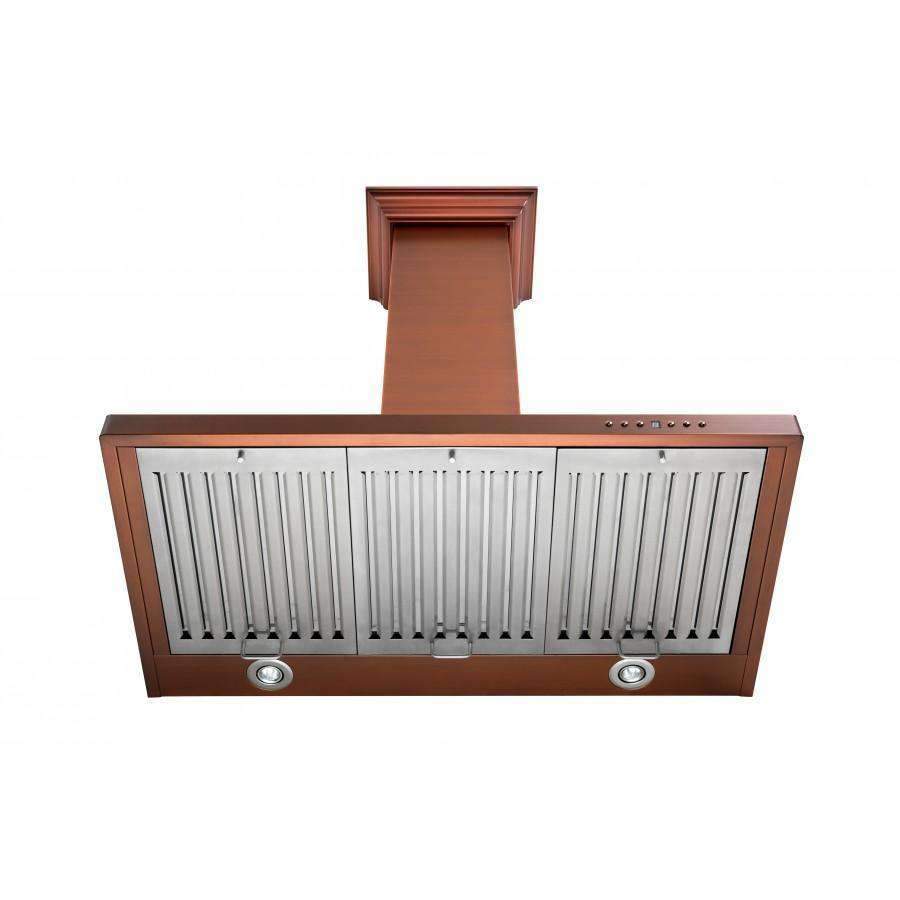Wall-mount copper range hood with vent slats, stainless baffle, and control buttons