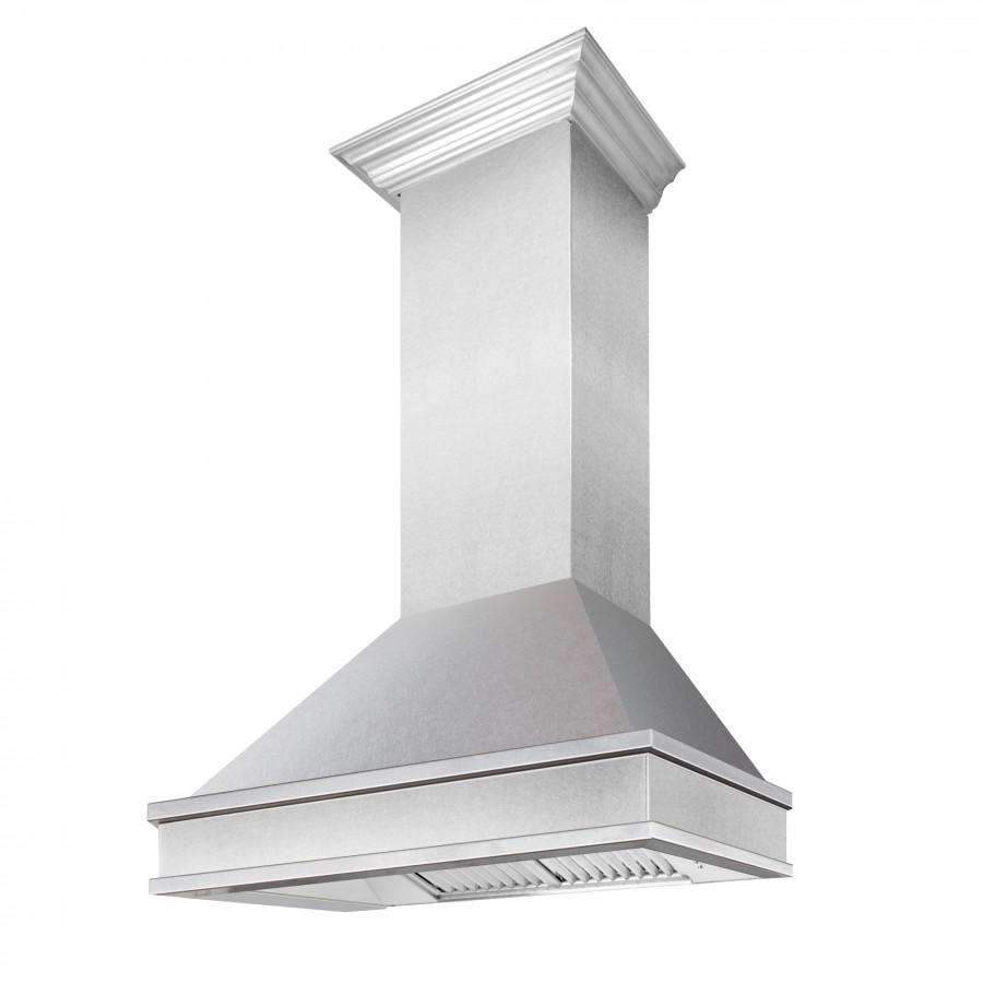Wall mount range hood chimney with satin stainless canopy and curved duct opening.