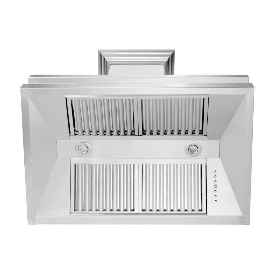 Wall mount range hood stainless steel chimney with vent slots and front control circles.