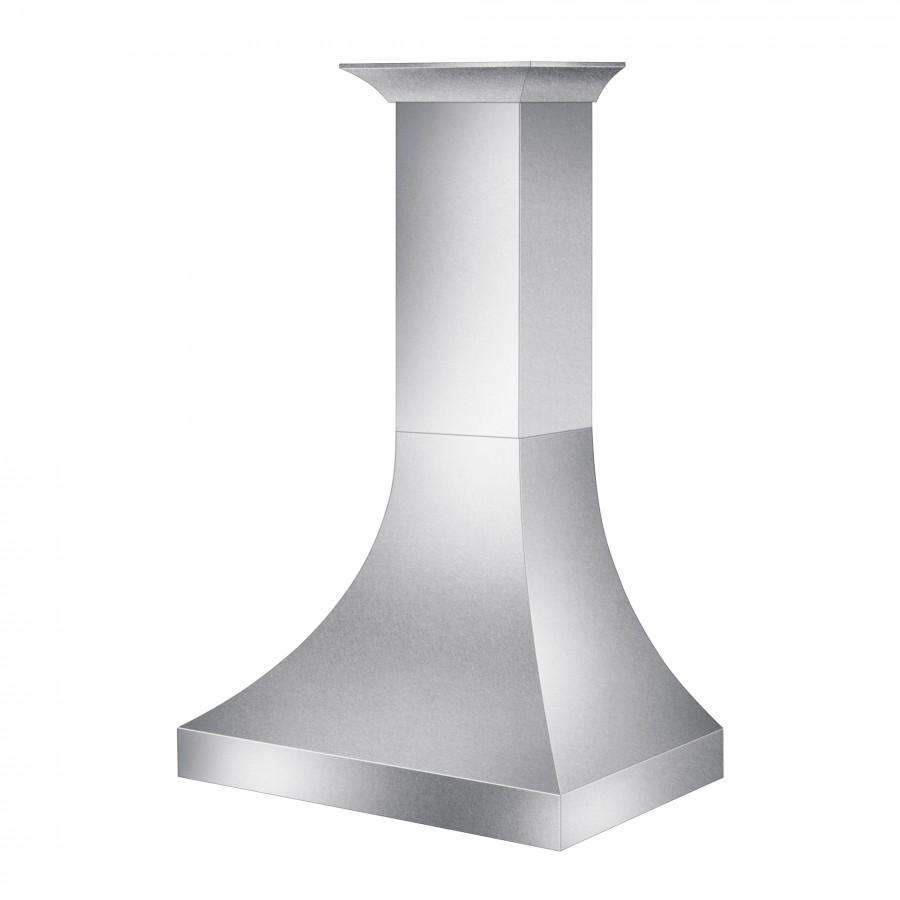 Stainless steel wall range hood with flared canopy and curved chimney profile