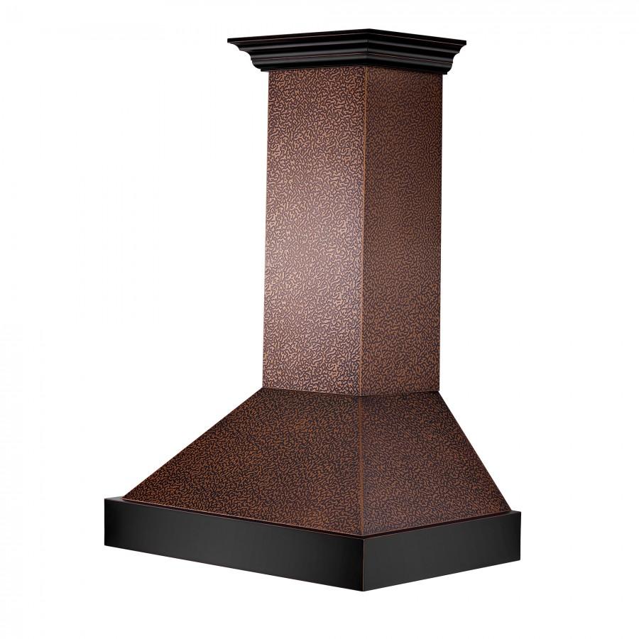 Wall range hood chimney in hammered copper finish with dark bottom canopy
