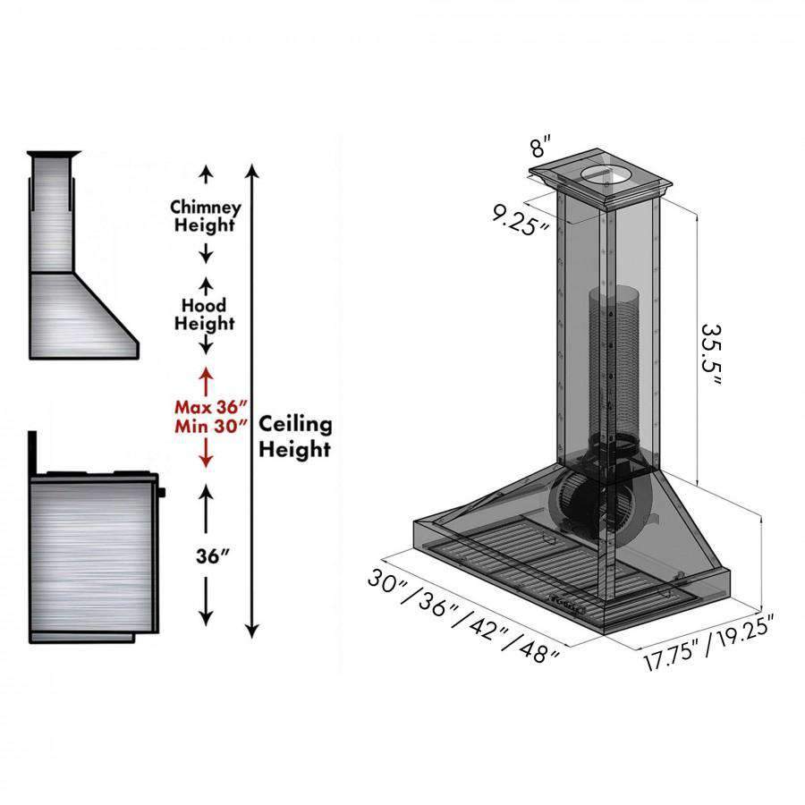 Wall range hood size diagram with chimney height, hood height, and ceiling clearance.