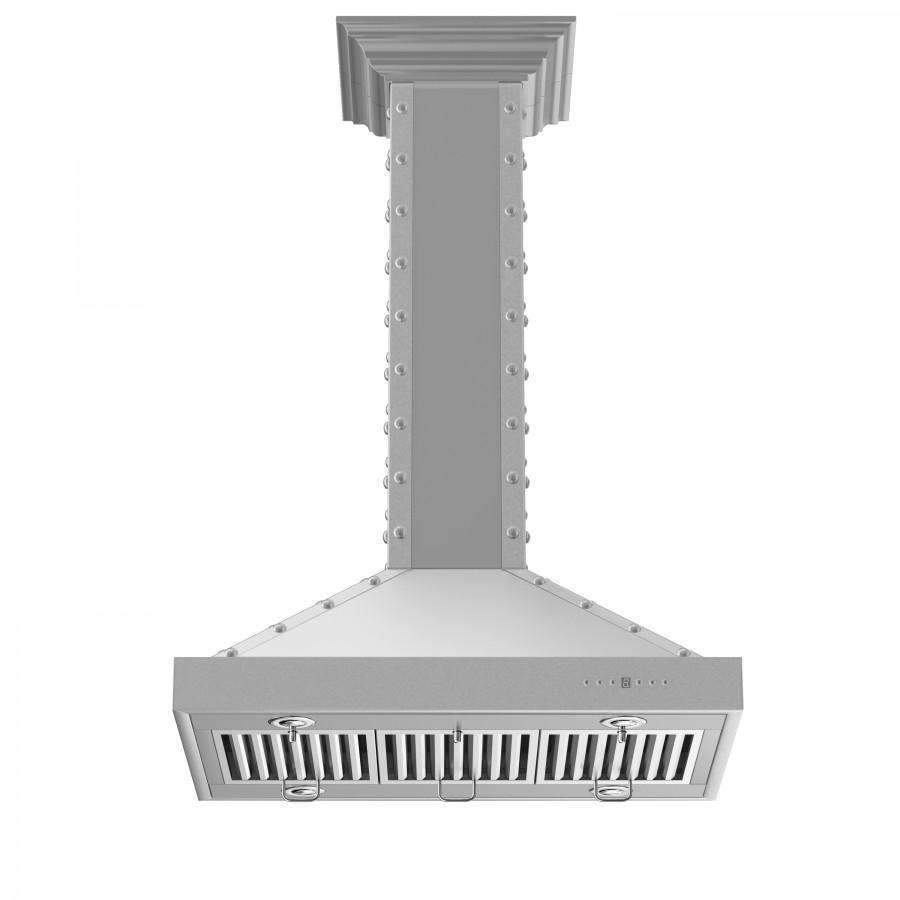 Stainless steel island range hood front vent panel with chimney column