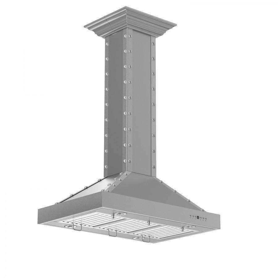 Stainless steel island range hood canopy with internal baffle assembly, top view