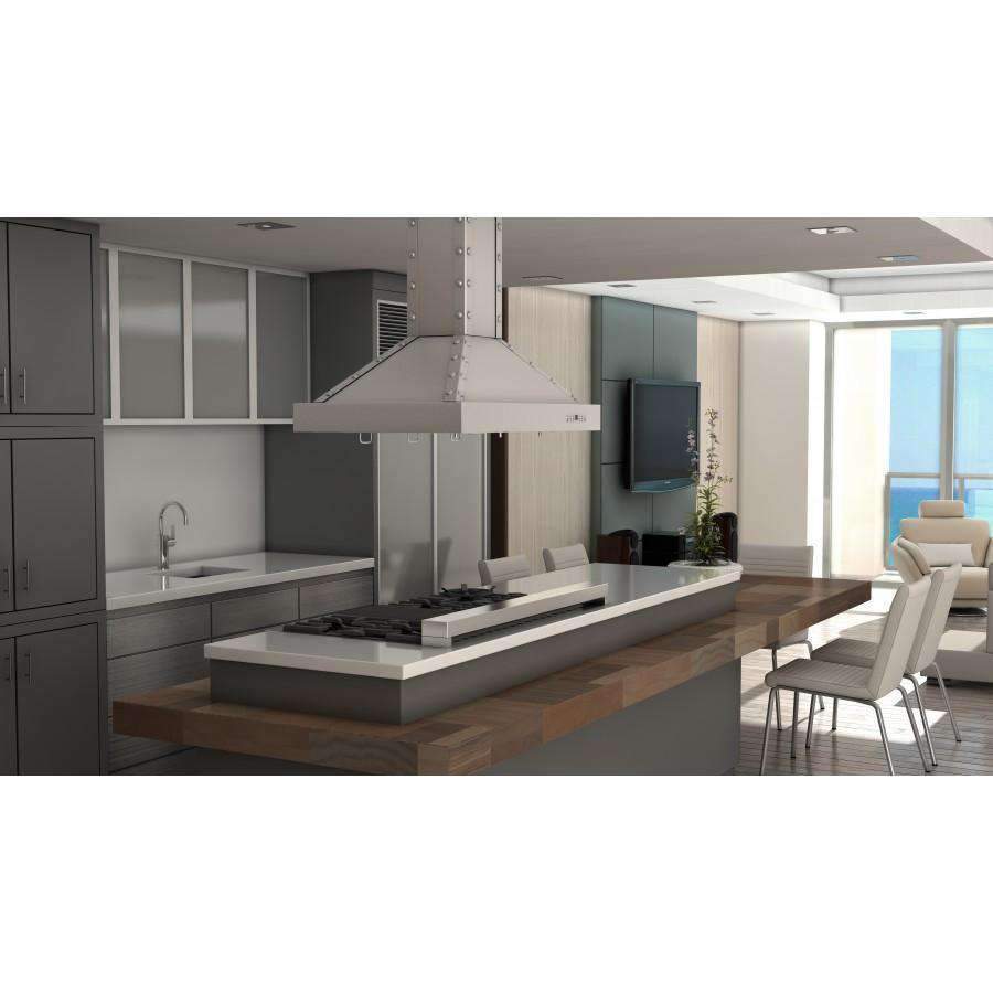 Stainless steel island range hood over central kitchen cooktop
