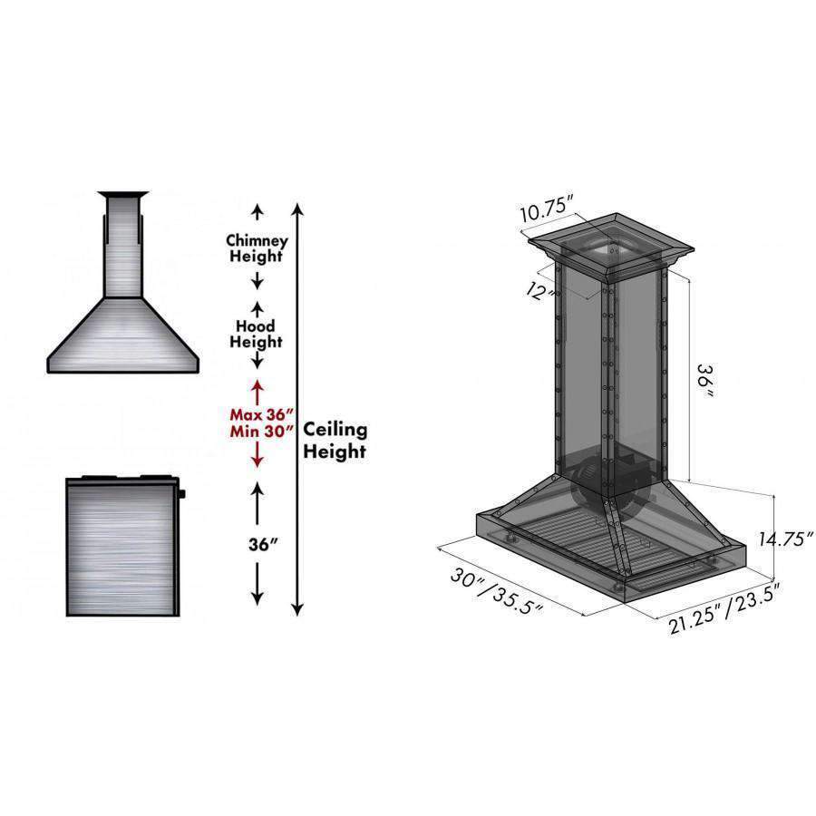 Island range hood installation diagram with chimney height and clearance measurements
