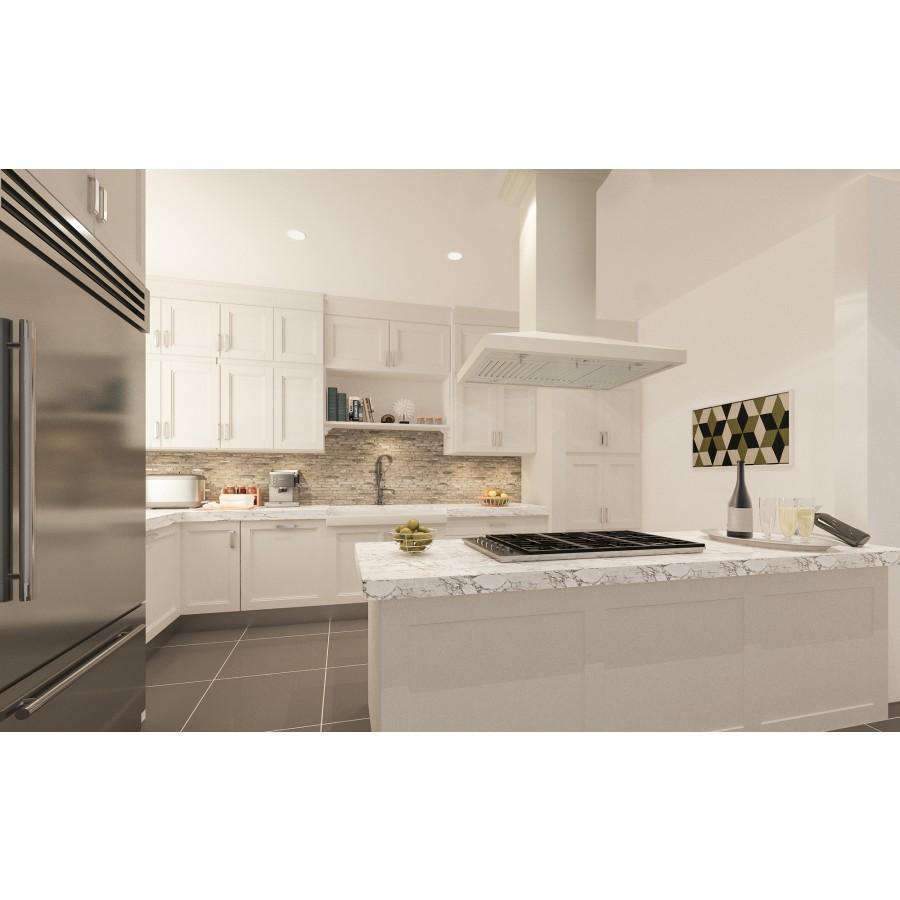 ZLINE 30-inch island range hood with stainless grille and white chimney canopy