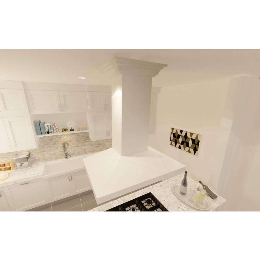 ZLINE 30-inch island range hood with white chimney and stainless vent grille