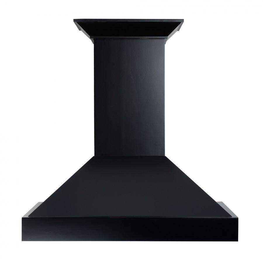 Black chimney range hood with tall duct column and wide flared canopy base