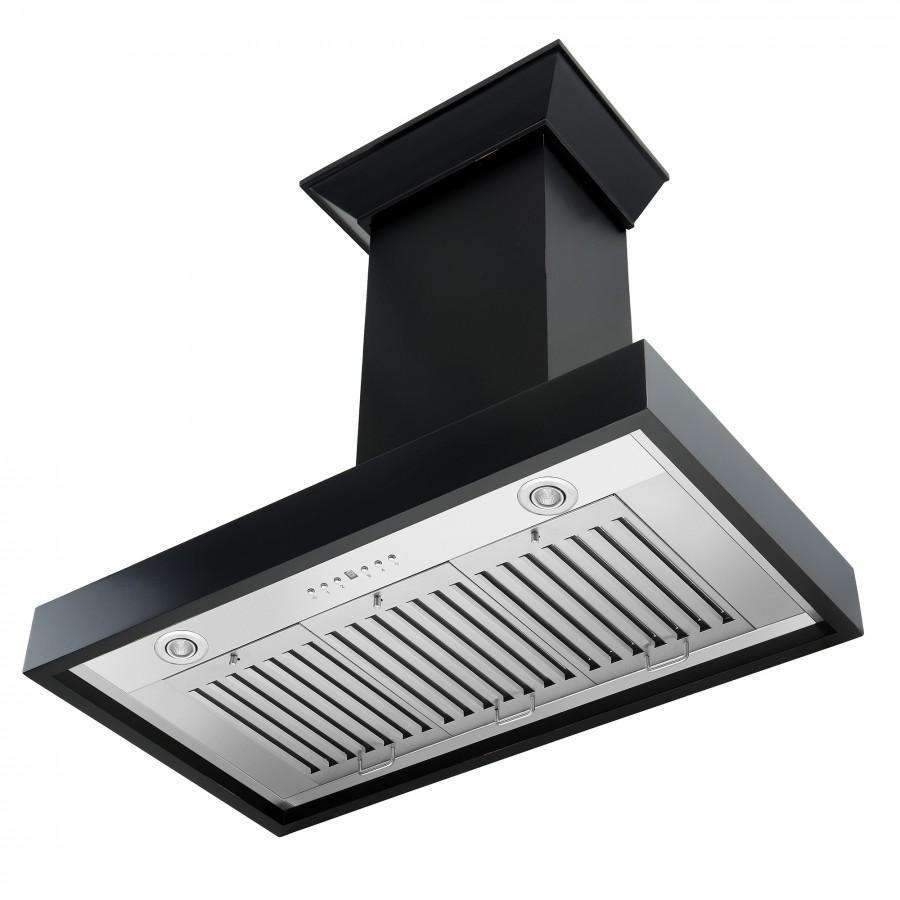 Black chimney range hood with stainless vent grille and baffle bar panel