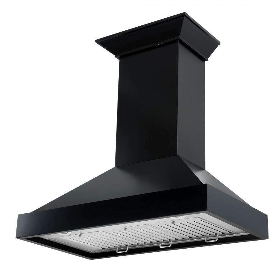 Black chimney range hood with flared canopy and removable stainless filter tray