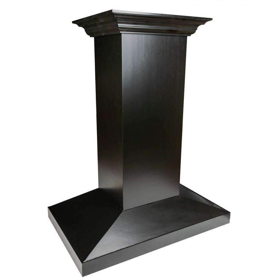 Black stainless island range hood chimney with flared canopy and wide base