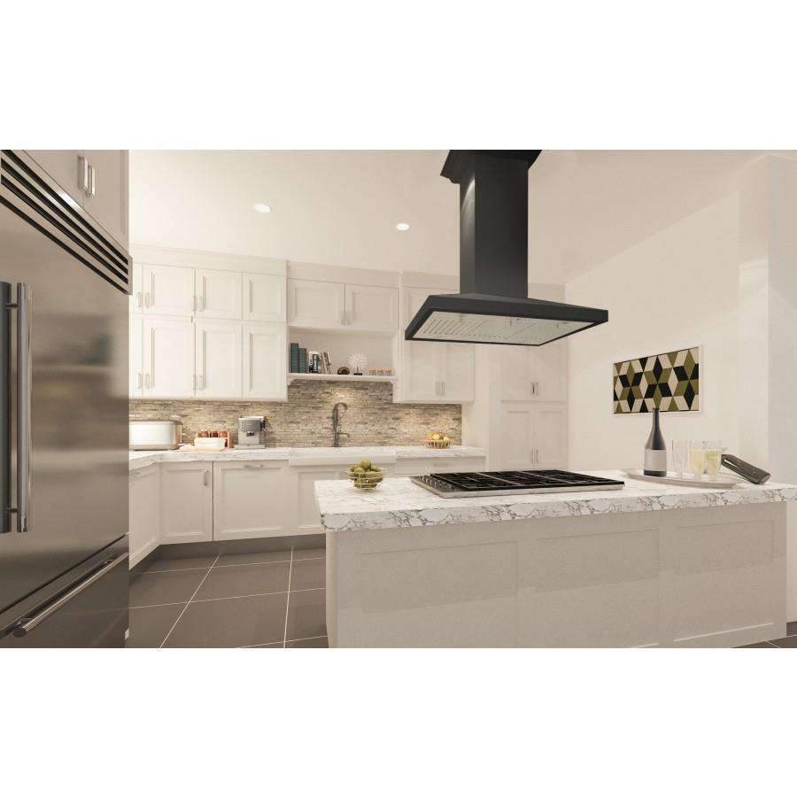 Island range hood with black chimney and stainless underside over a cooktop