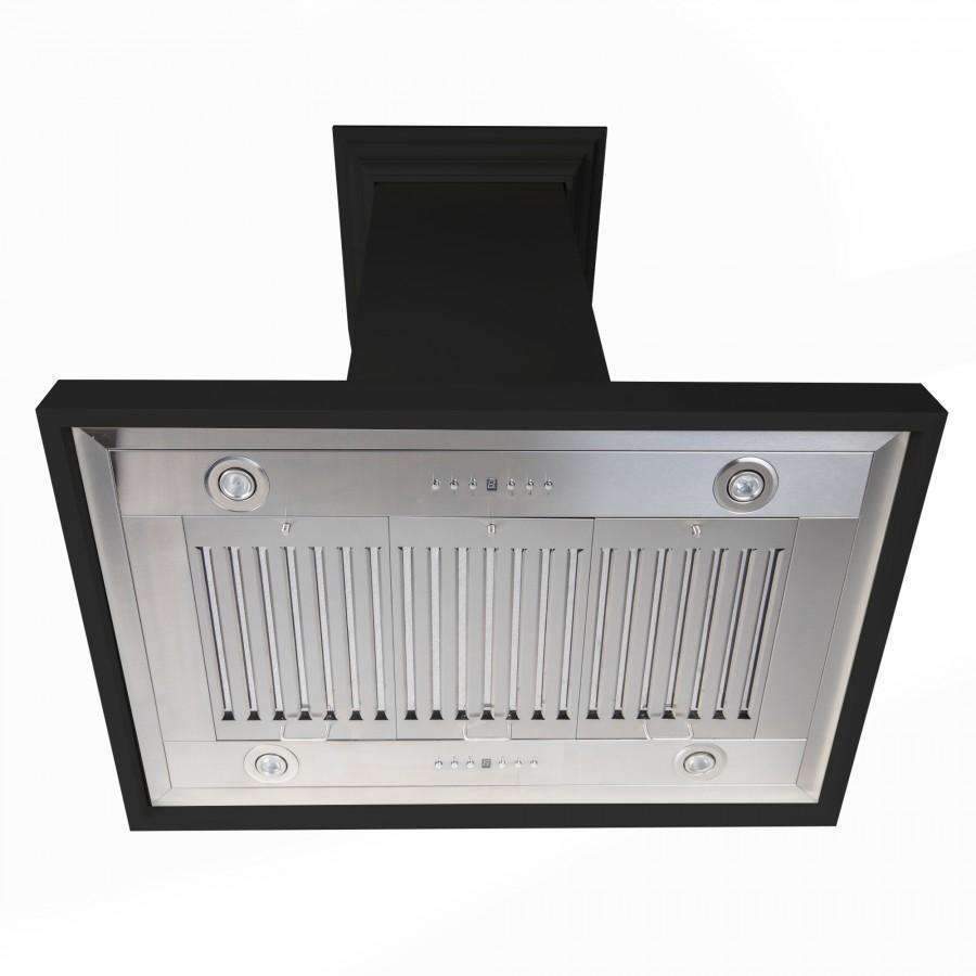 Designer island range hood with black chimney and stainless front vent grille and controls