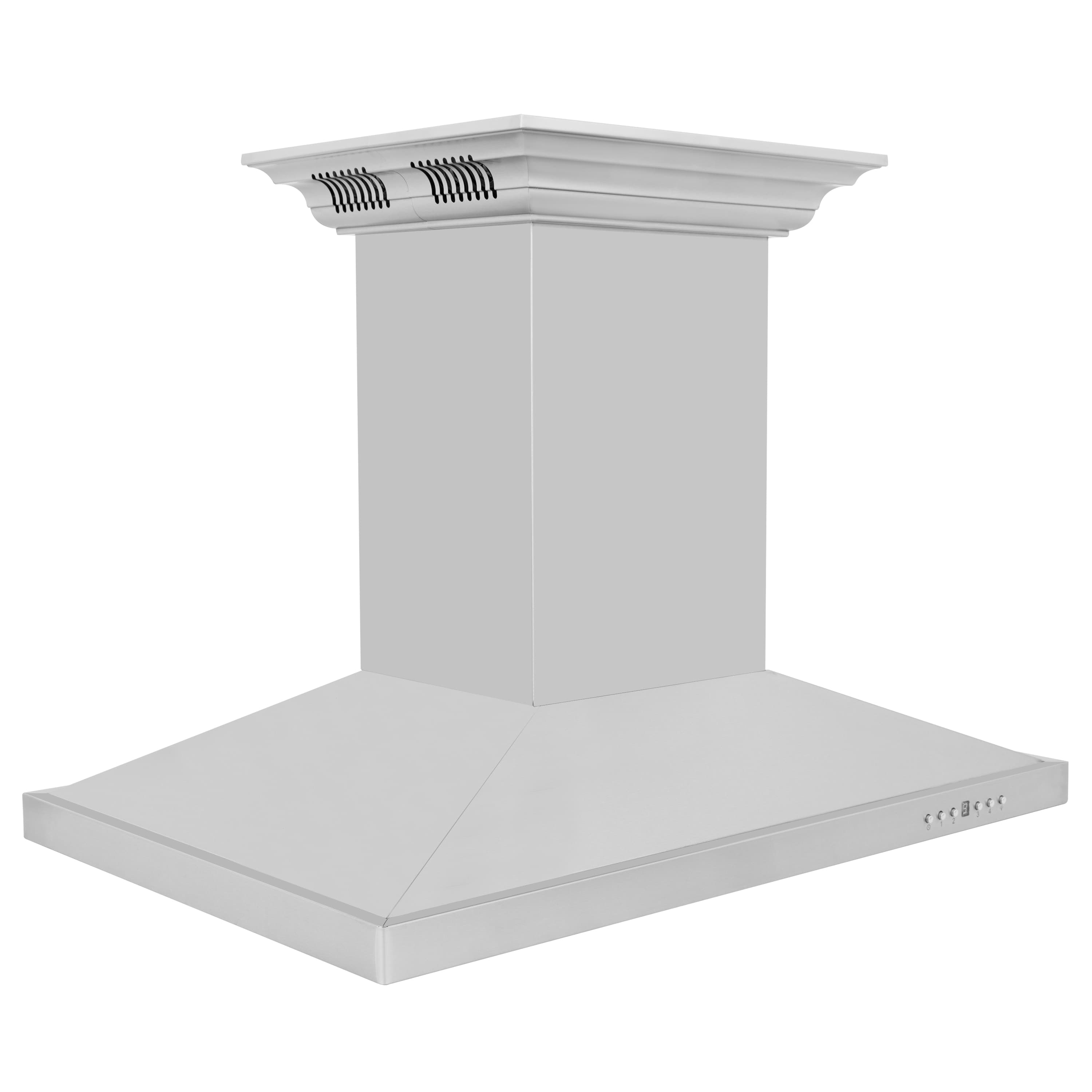 Stainless steel island mount range hood with tall chimney and flat vent canopy
