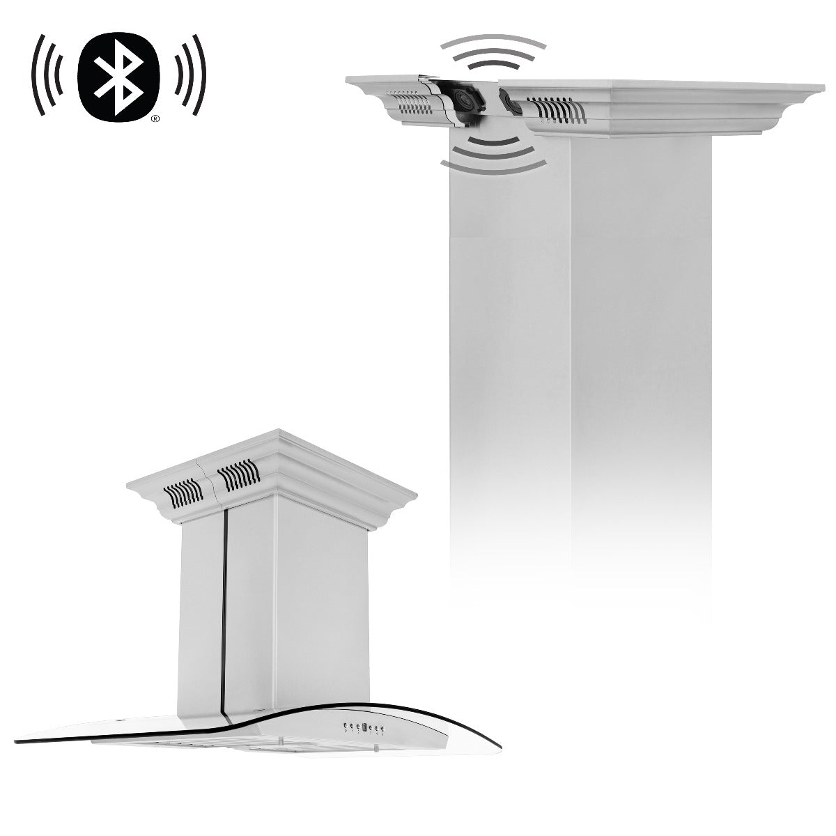 Stainless steel island mount range hood with crown top and Bluetooth speaker icons