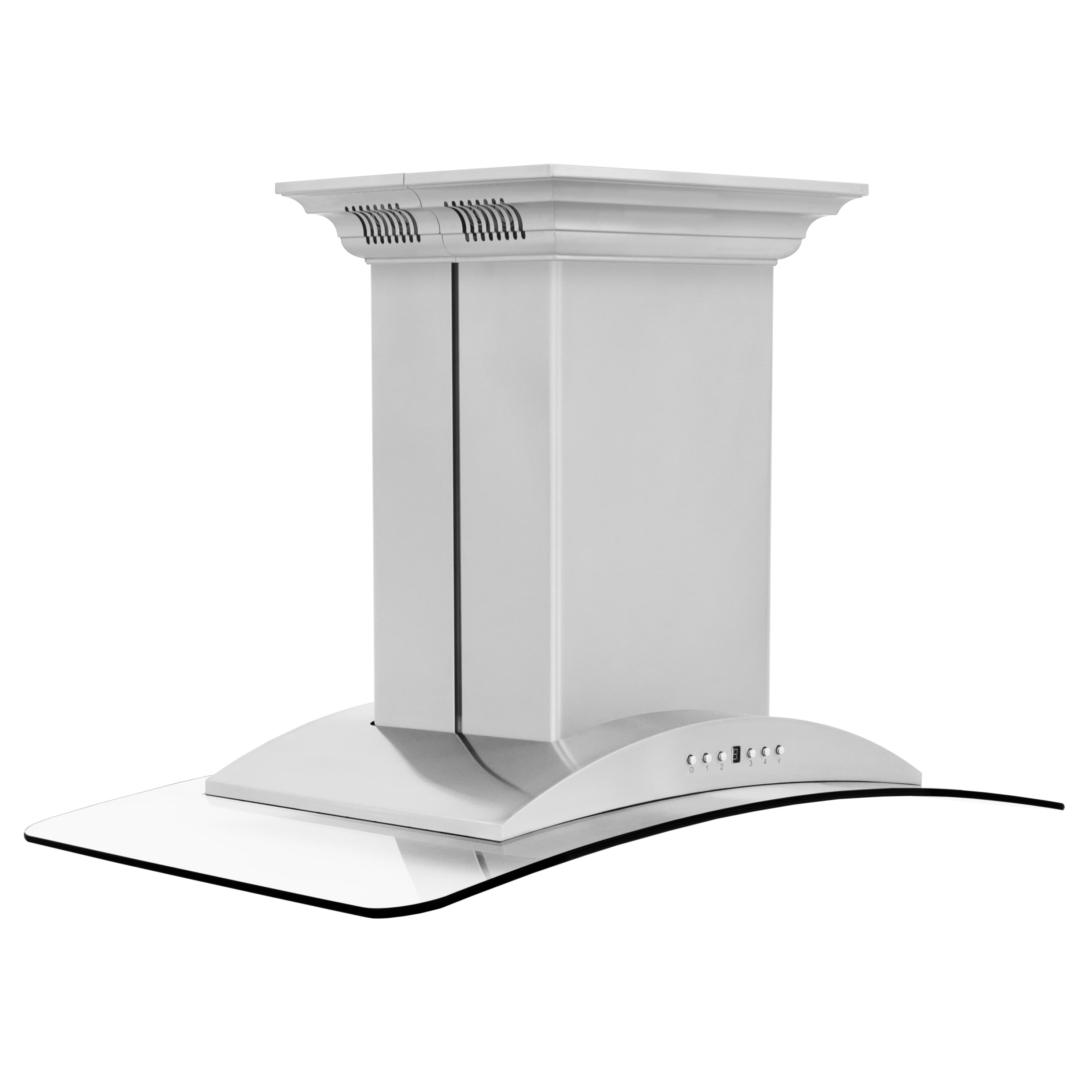 Island mount range hood with crown-style chimney and curved stainless canopy, ducted vent