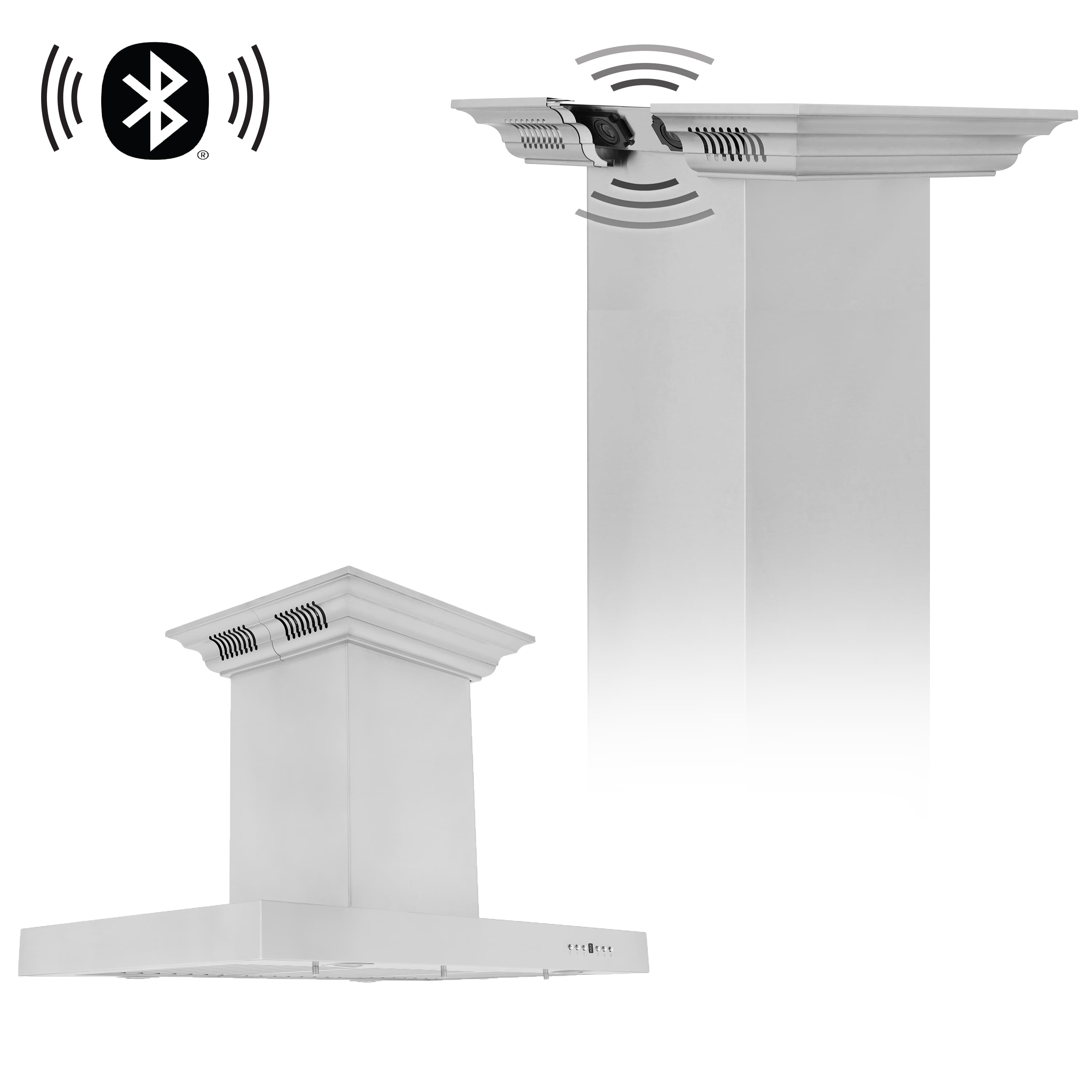 Stainless steel island mount range hood with duct vent and built-in crown sound Bluetooth speakers