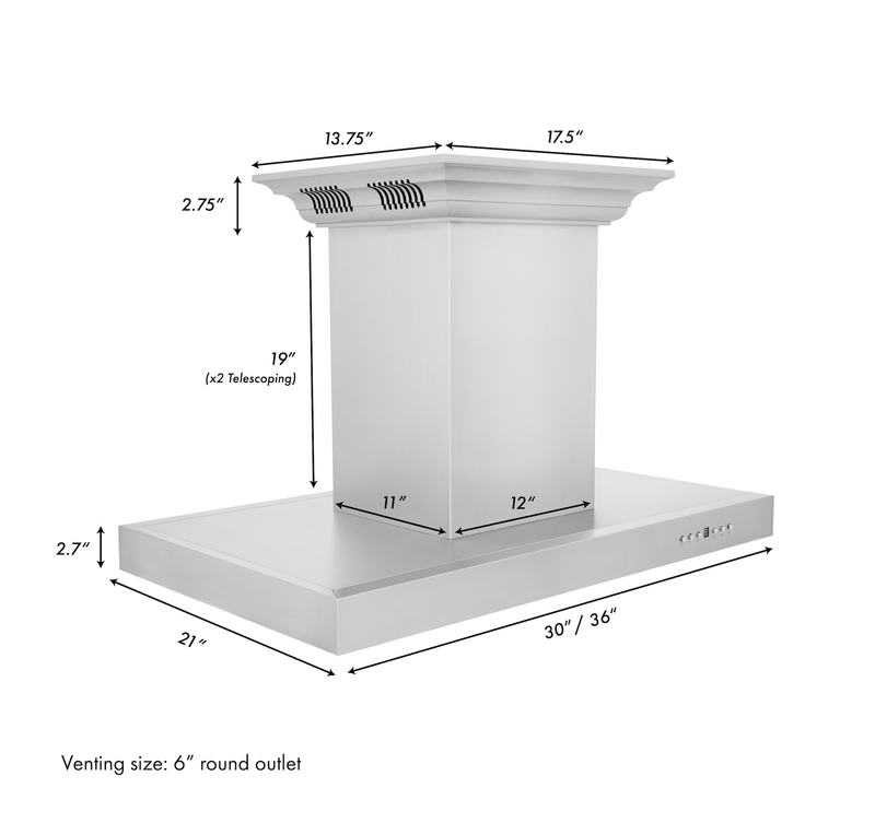 ZLINE 30" Ducted Vent Island Mount Range Hood in Stainless Steel with Built-in CrownSoundBluetooth Speakers (KE2iCRN-BT-30) Range Hoods ZLINE 