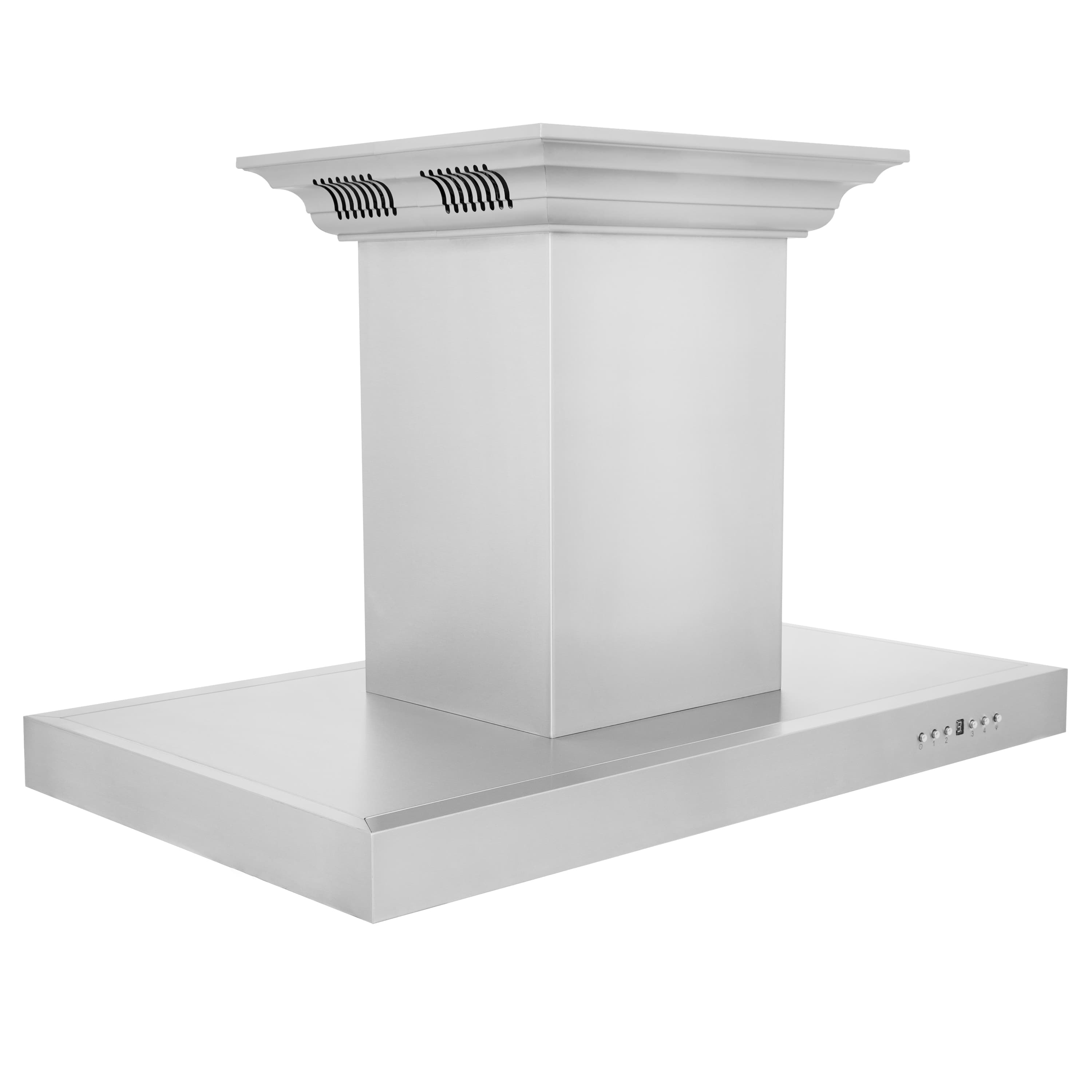 Stainless steel island range hood with crown-style top and vent grille