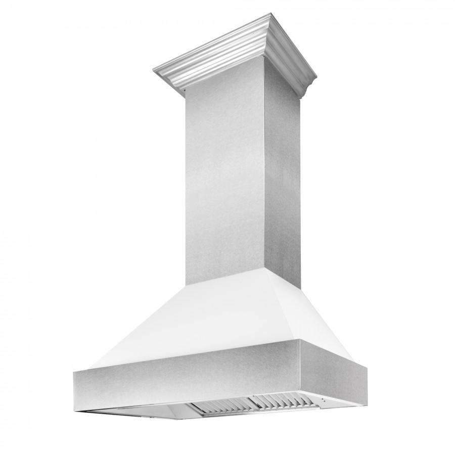 Wall-mount range hood chimney and flared canopy in satin stainless with white matte outer shell