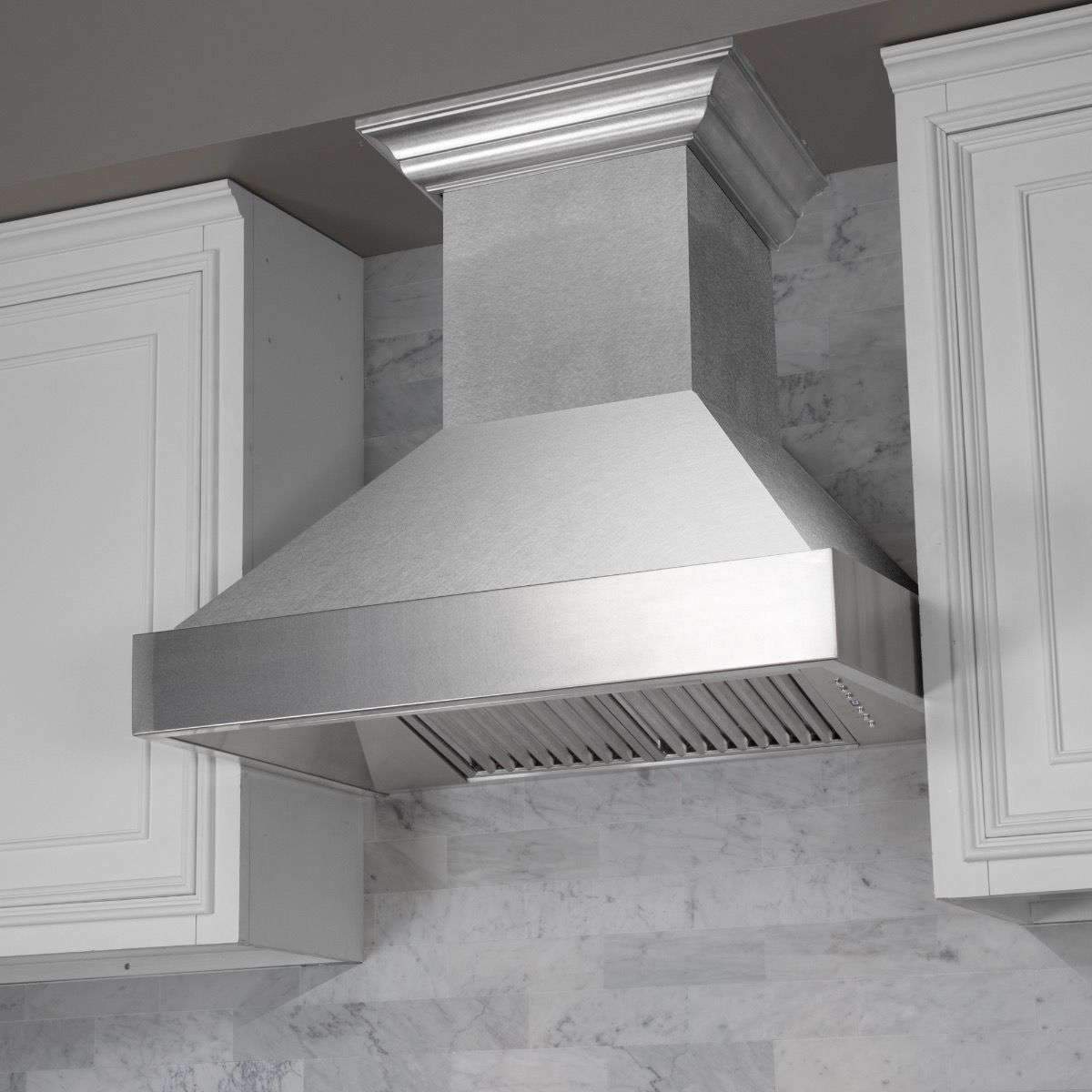 Satin stainless steel wall-mount range hood with chimney and front vent baffles