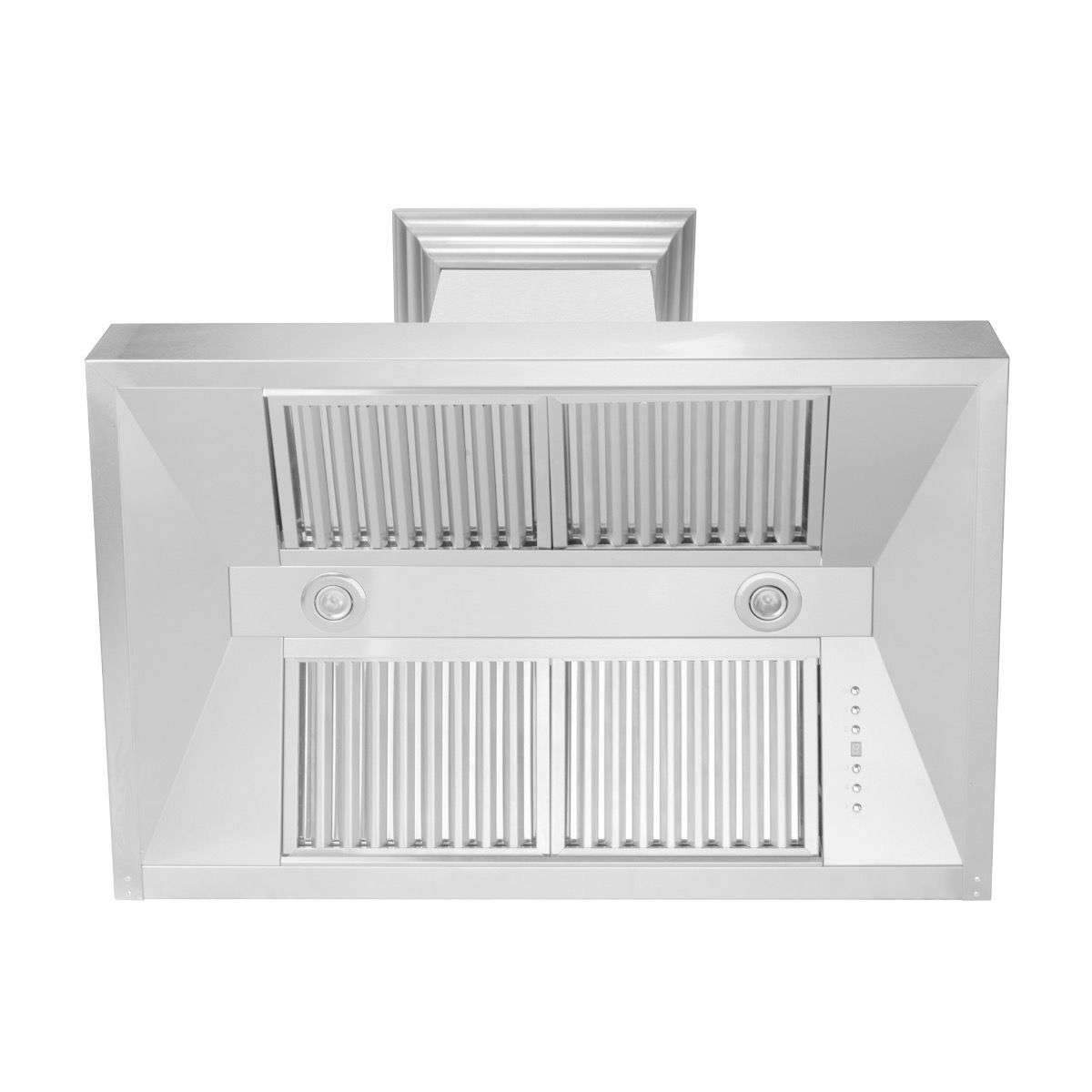 Satin stainless steel wall-mount range hood with front grille and baffle filters