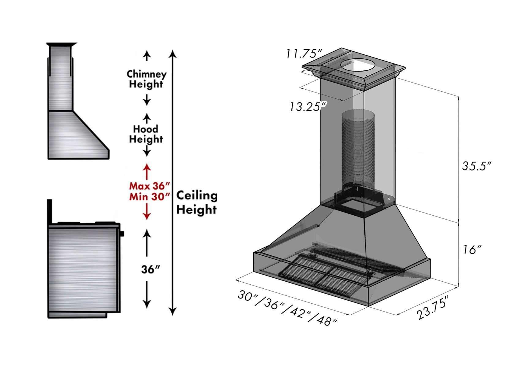 Wall mount range hood dimension diagram showing chimney and hood heights