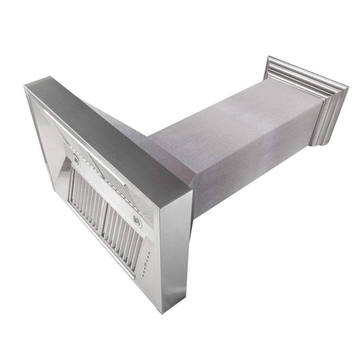 Satin stainless steel wall-mount range hood in side view with vent baffle grille