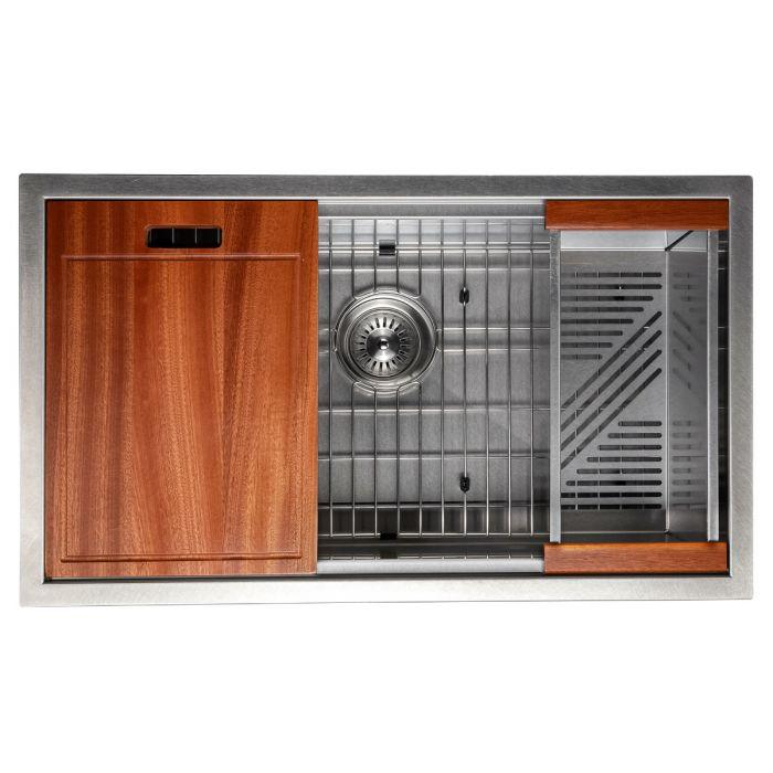 Single-bowl stainless steel sink with wood panels, bottom grid, and rack inserts