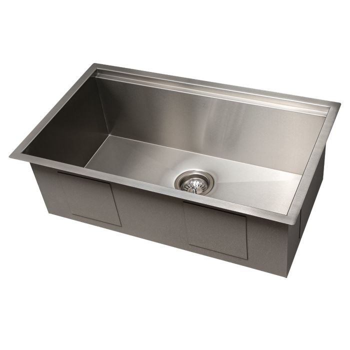 Single-bowl stainless steel undermount kitchen sink with centered drain and deep basin