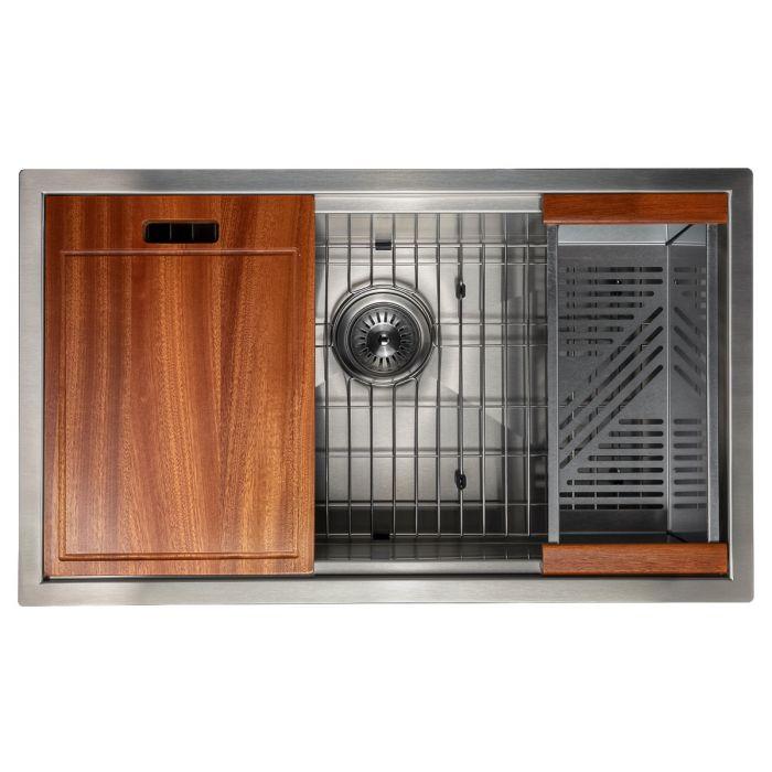 Stainless steel single-bowl sink with cutting board, colander insert, and drain