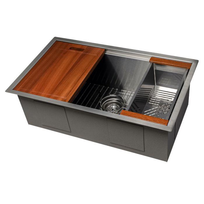 Stainless steel single-bowl sink with wood cutting board and strainer basket