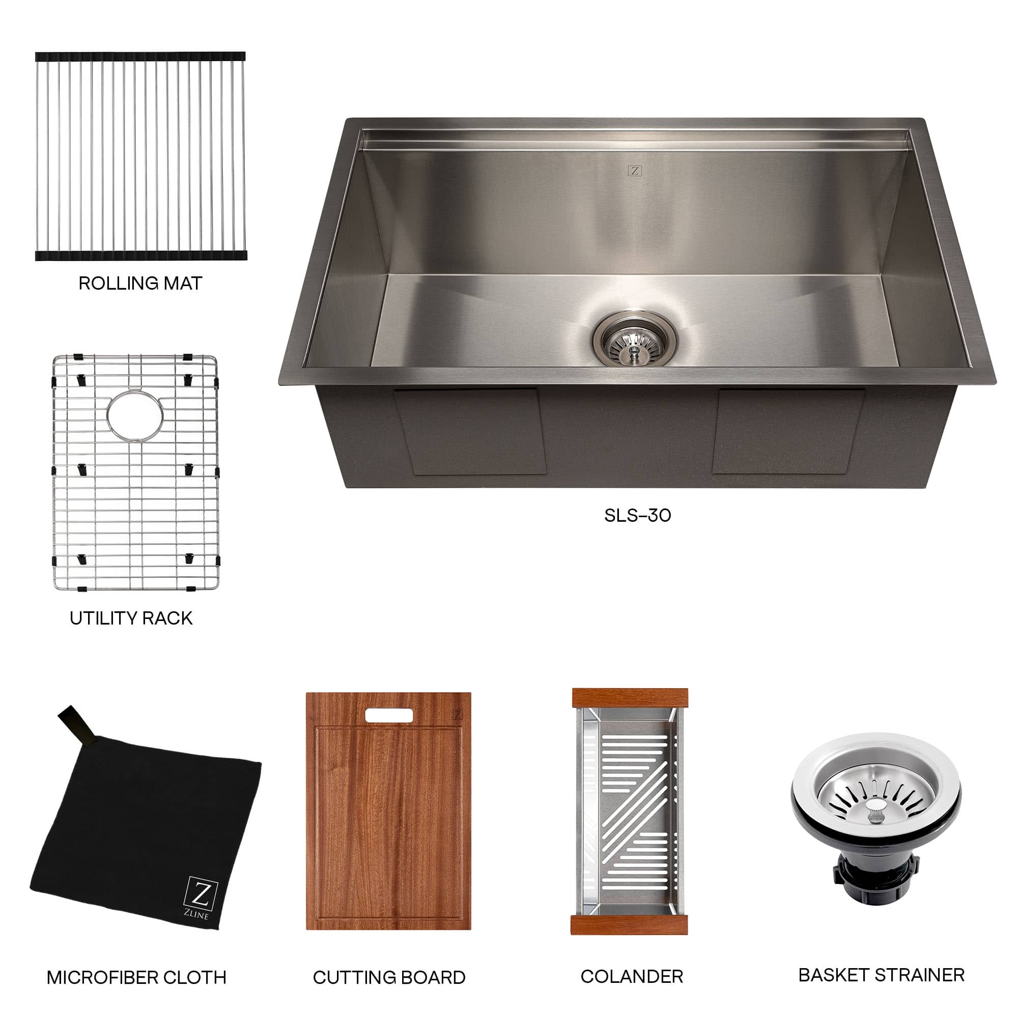 Stainless steel single-bowl undermount kitchen sink with drain and bottom grid