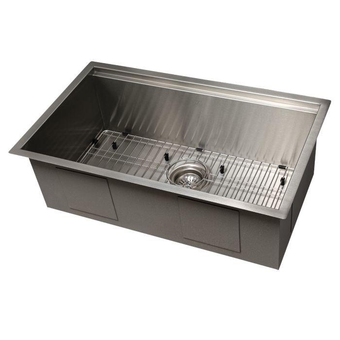 Stainless steel single-bowl kitchen sink with bottom grid and center drain