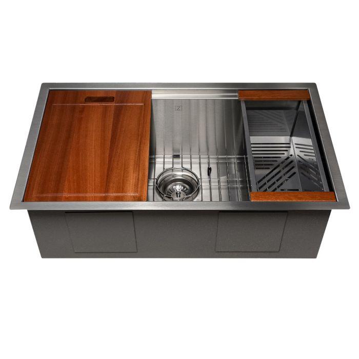 Single-bowl stainless steel undermount kitchen sink with bottom grid and drain