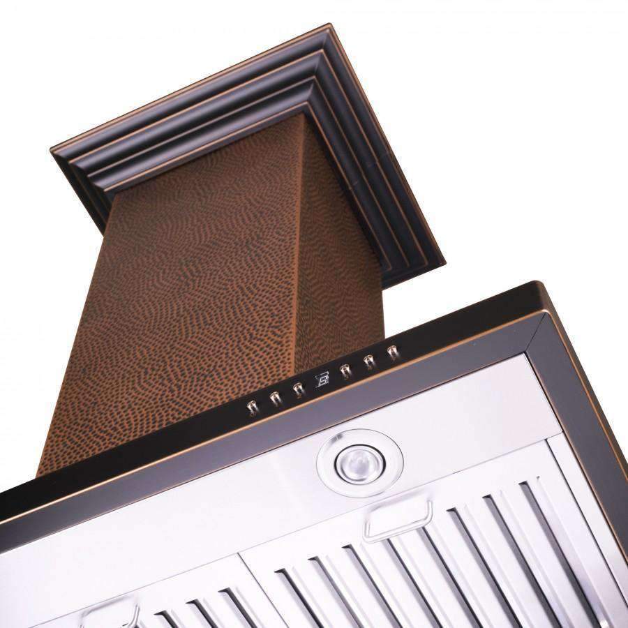 Range hood control panel and stainless vent grates with hammered copper chimney