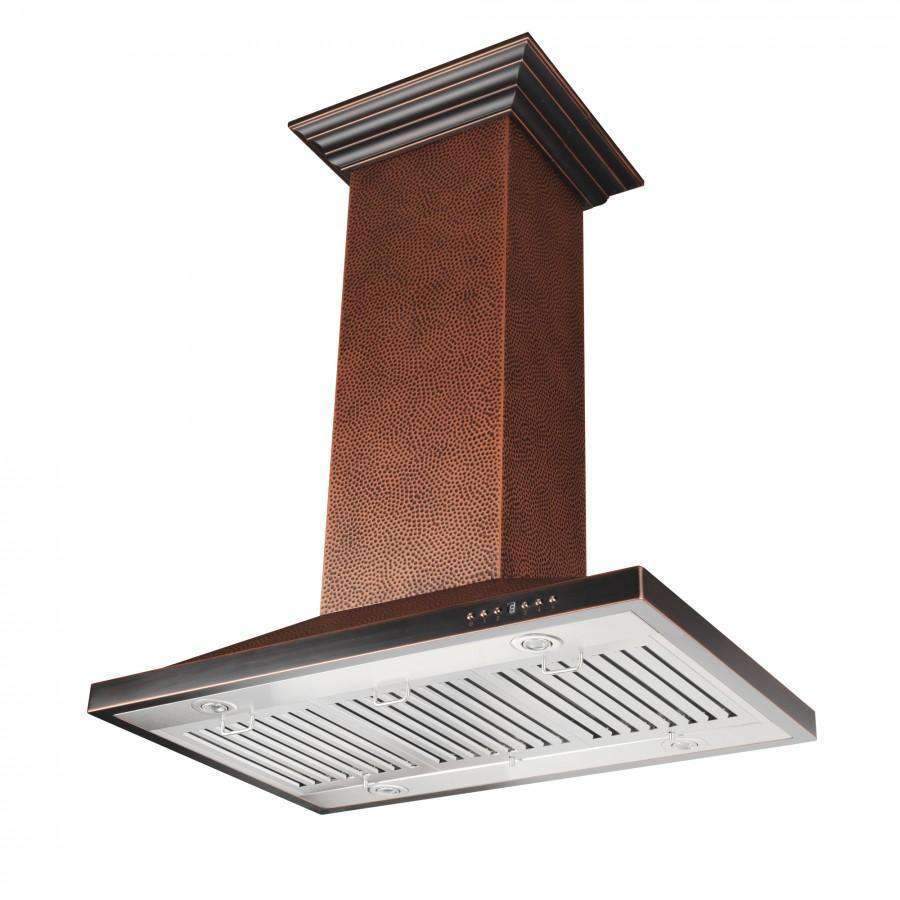 Island range hood with hammered copper chimney and stainless vent grille