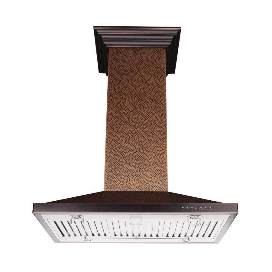 Island range hood with hammered copper chimney and stainless front vent panel