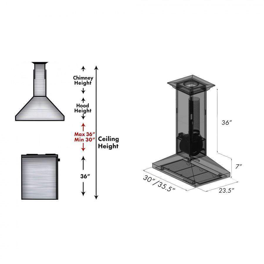30-inch island range hood with hammered copper chimney and flat canopy